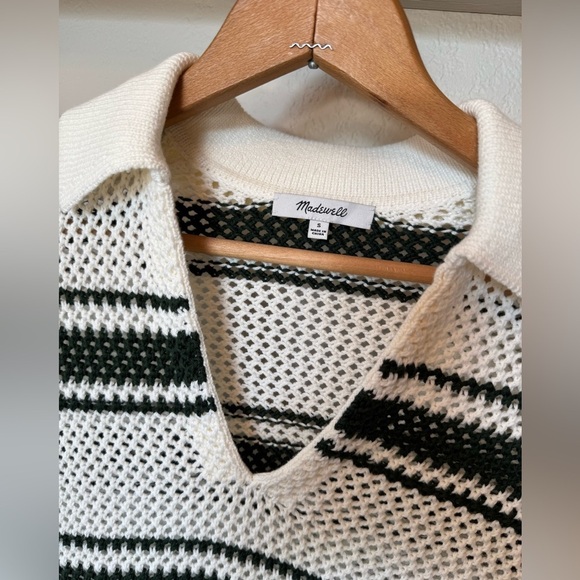 Madewell Open-Stitch Johnny Collar Sweater In Summit Green Stripe Size Small - Picture 4 of 10